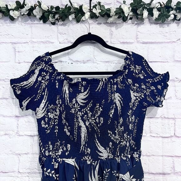 VFShow Size XXL Blue Floral Print Smoked Off The Shoulder Boho Dress Stretch‎ - Picture 3 of 11